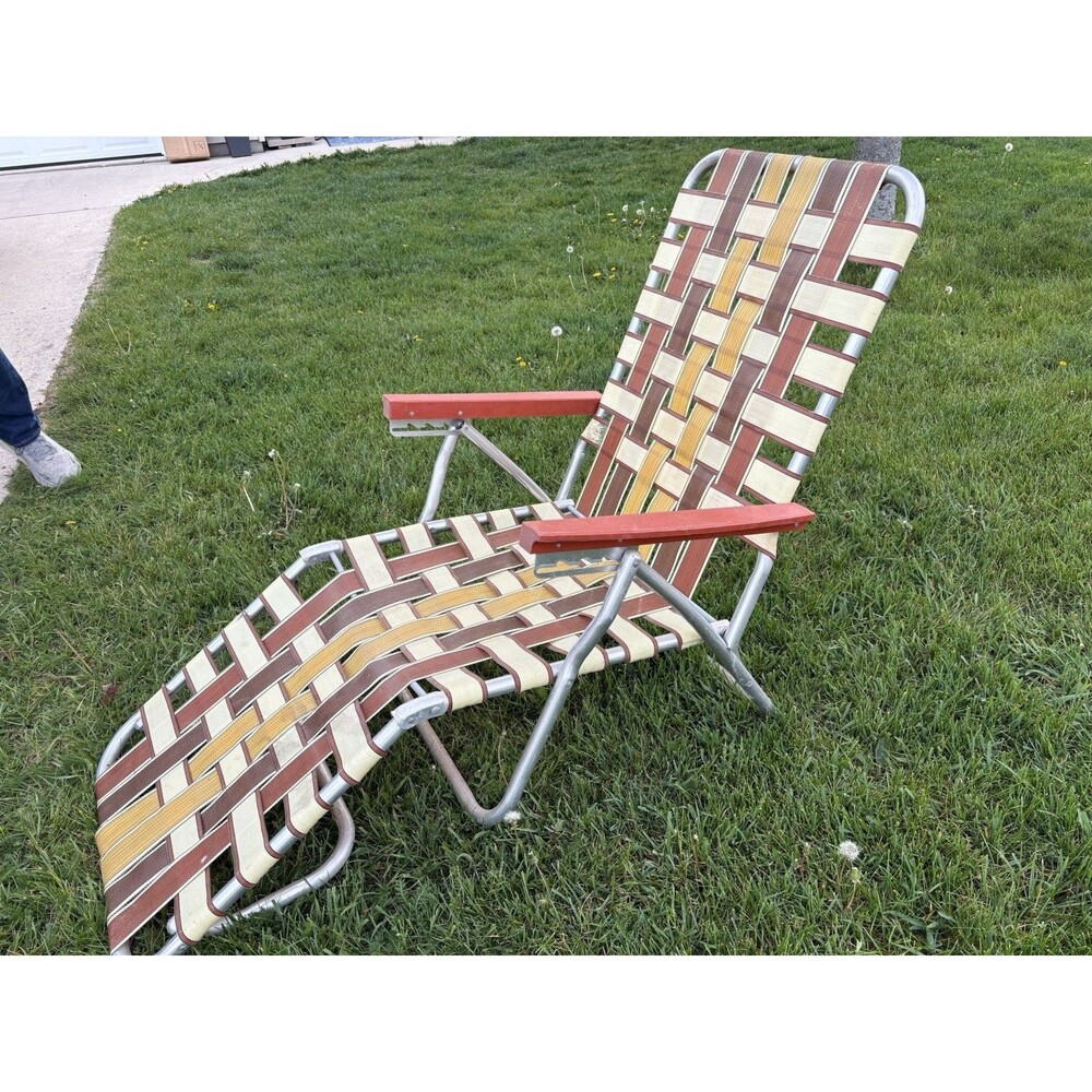 Vintage Webbed Aluminum Nylon Folding Lounge Chair Chaise Beach Orange-Brown
